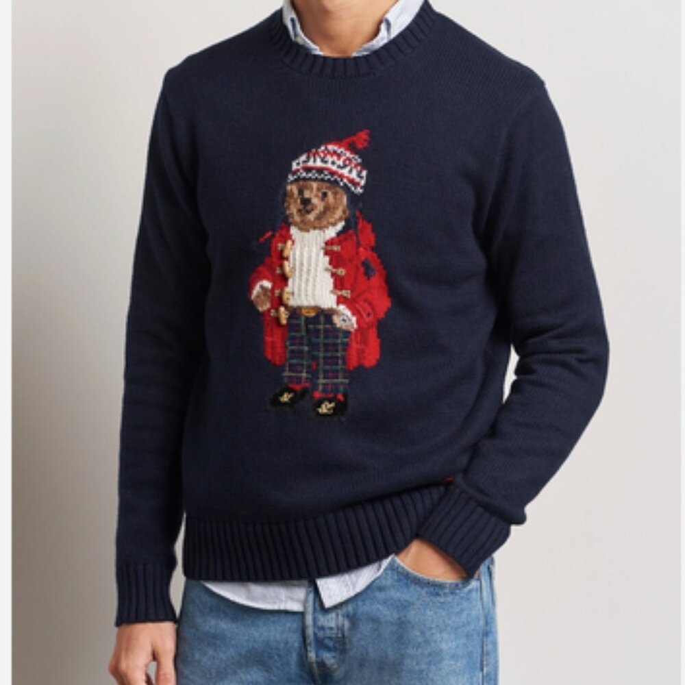 NWT Ralph Lauren Polo Bear Holiday Sweater Navy Blue Large